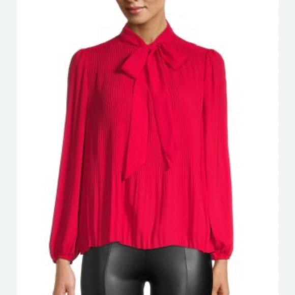 Nanette Lepore Tops - Nanette Lepore | Pleated Neck Tie Long Sleeve Blouse in Crimson Ruby | Sz S
